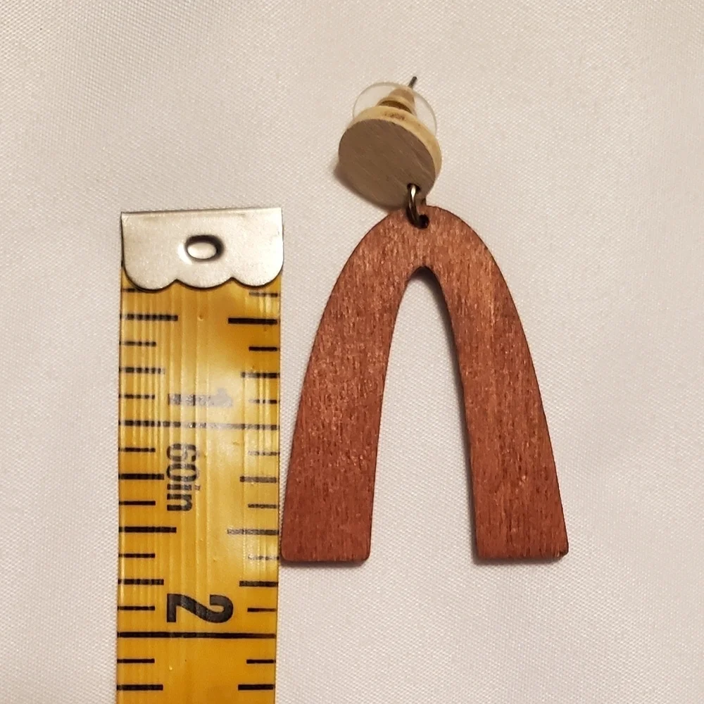 New Bohemian Laser Cut White And Brown Wooden Arch Pierced Post Dangle Earrings